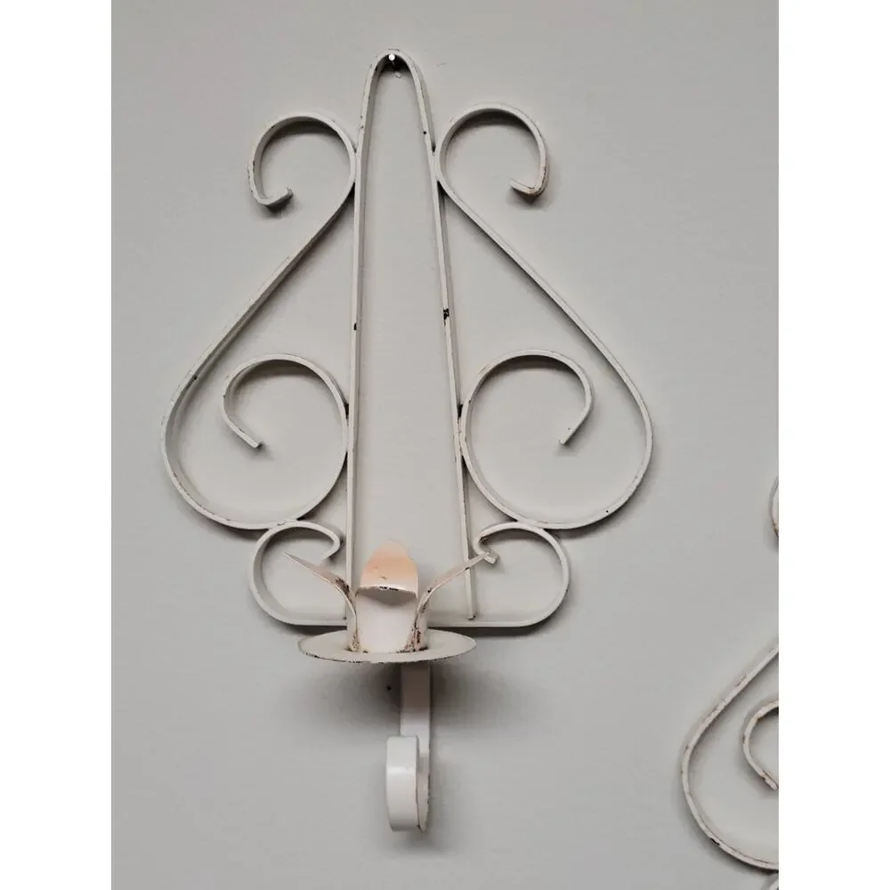 Vintage White Metal Scroll Wall Sconces Pair Mid Century Candle Holder Set